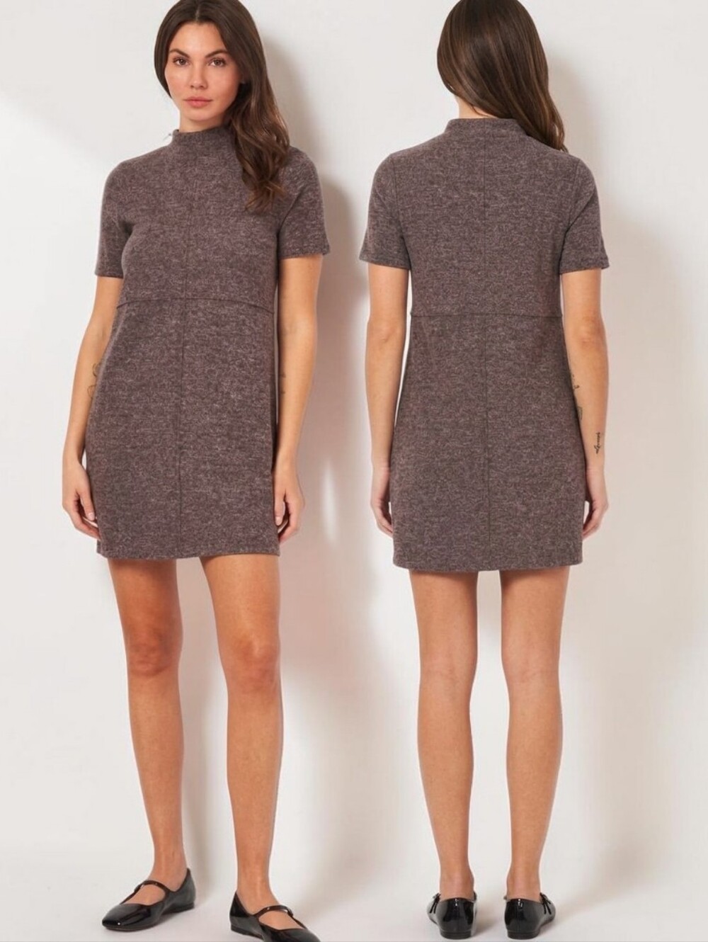 ZARA Brown Heathered Mock Turtle Mini Shift Dress - Size L